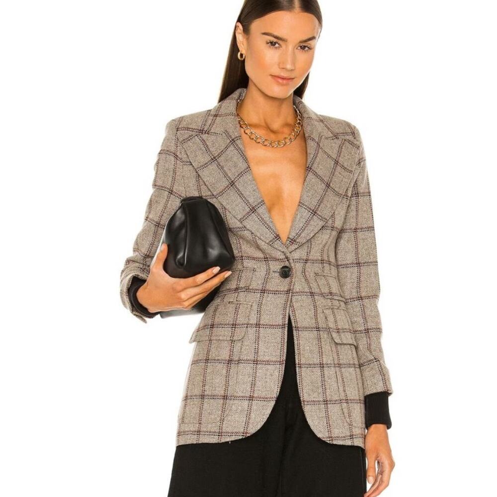 Smythe Birkin Grid Plaid Rib Cuff Blazer Griege Black Wool Blend Sz 8 - Picture 10 of 11